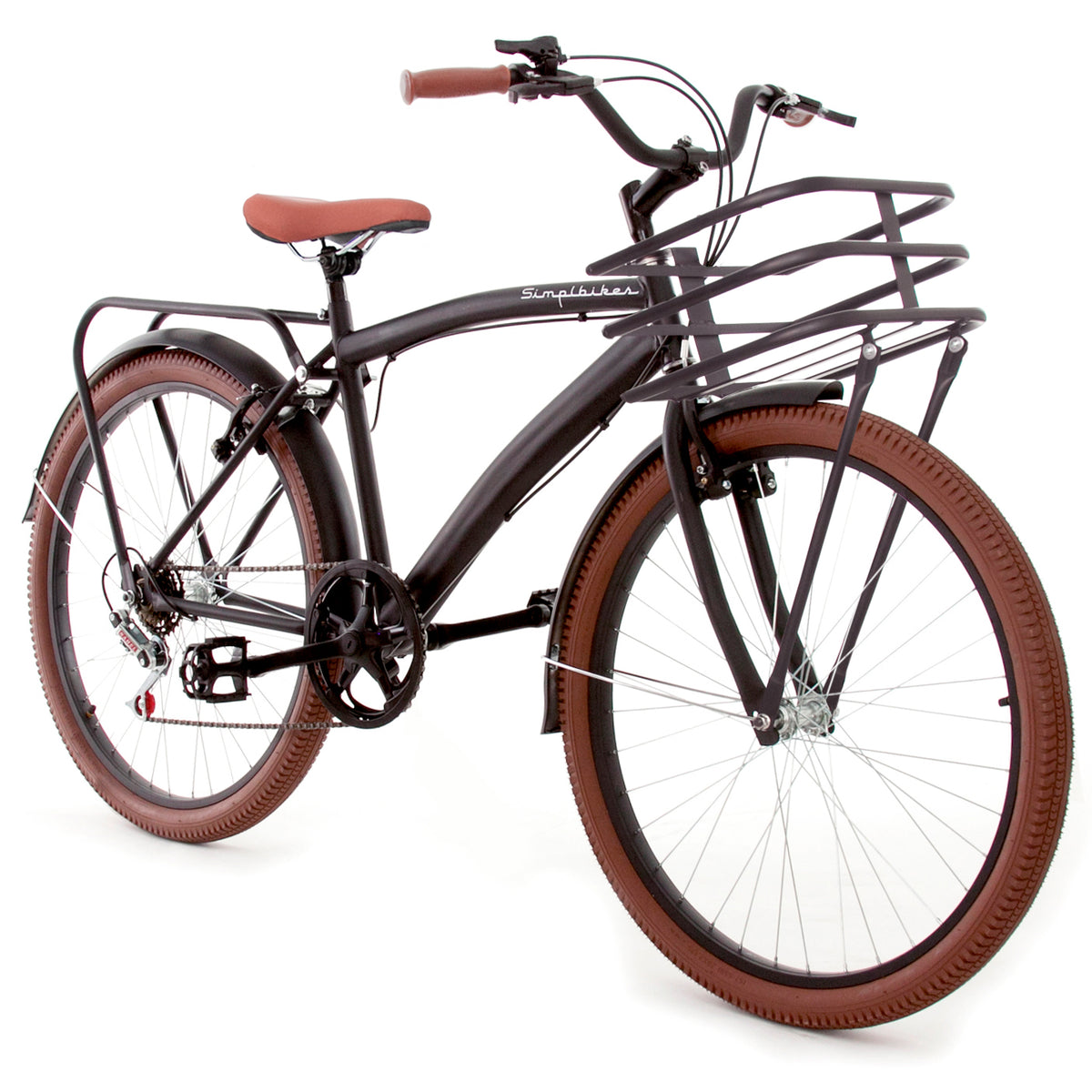 Bicicleta Vintage Hombre Negro Mate Canasta Tubular Llantas Café