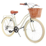 Simplbikes® Spicy® Bicicleta Vintage Dama Almendra 6 Velocidades Llanta Crema Canasta de Mimbre Artesanal.