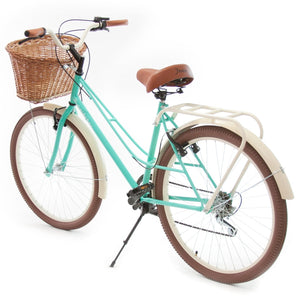 Simplbike® Girly® Bicicleta Vintage Menta y Almendra Canasta de Mimbre Artesanal 6 Velocidades Llanta Café.