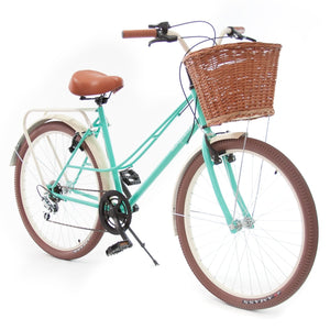 Simplbike® Girly® Bicicleta Vintage Menta y Almendra Canasta de Mimbre Artesanal 6 Velocidades Llanta Café.