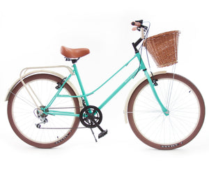 Simplbike® Girly® Bicicleta Vintage Menta y Almendra Canasta de Mimbre Artesanal 6 Velocidades Llanta Café.