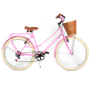 Bicicleta Vintage Dama Rosa Canasta de Mimbre Llantas Crema