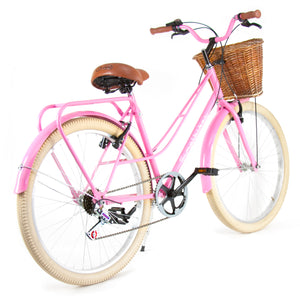 Bicicleta Vintage Dama Rosa Canasta de Mimbre Llantas Crema