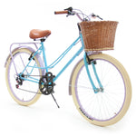 Simplbike® Girly® Bicicleta Vintage Mujer Azul Cielo/ Lila Canasta de Mimbre Artesanal Llanta Crema.