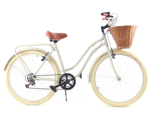 Simplbikes® Spicy® Bicicleta Vintage Dama Almendra 6 Velocidades Llanta Crema Canasta de Mimbre Artesanal.