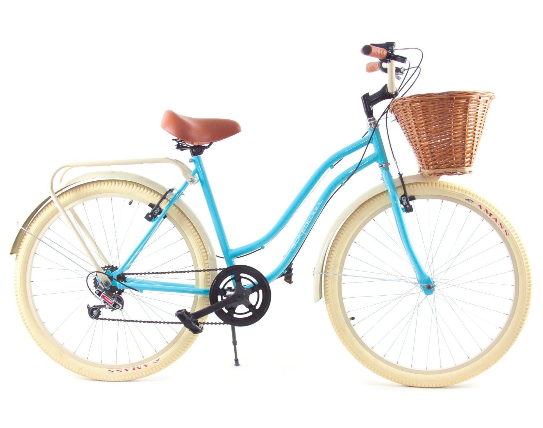 Simplbike® Spicy® Bicicleta Vintage 6 Velocidades Azul Cielo/Almendra Canasta de Mimbre Artesanal, Llanta Crema.