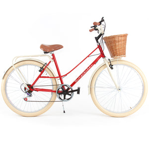 Bicicleta Vintage Dama Rojo y Almendra Canasta de Mimbre Llanta Crema.