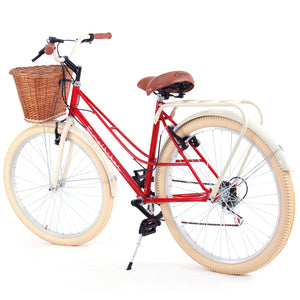 Bicicleta Vintage Dama Rojo y Almendra Canasta de Mimbre Llanta Crema.