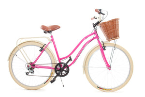 Bicicleta Vintage Dama Magenta y Almendra Canasta de Mimbre Llanta Crema.