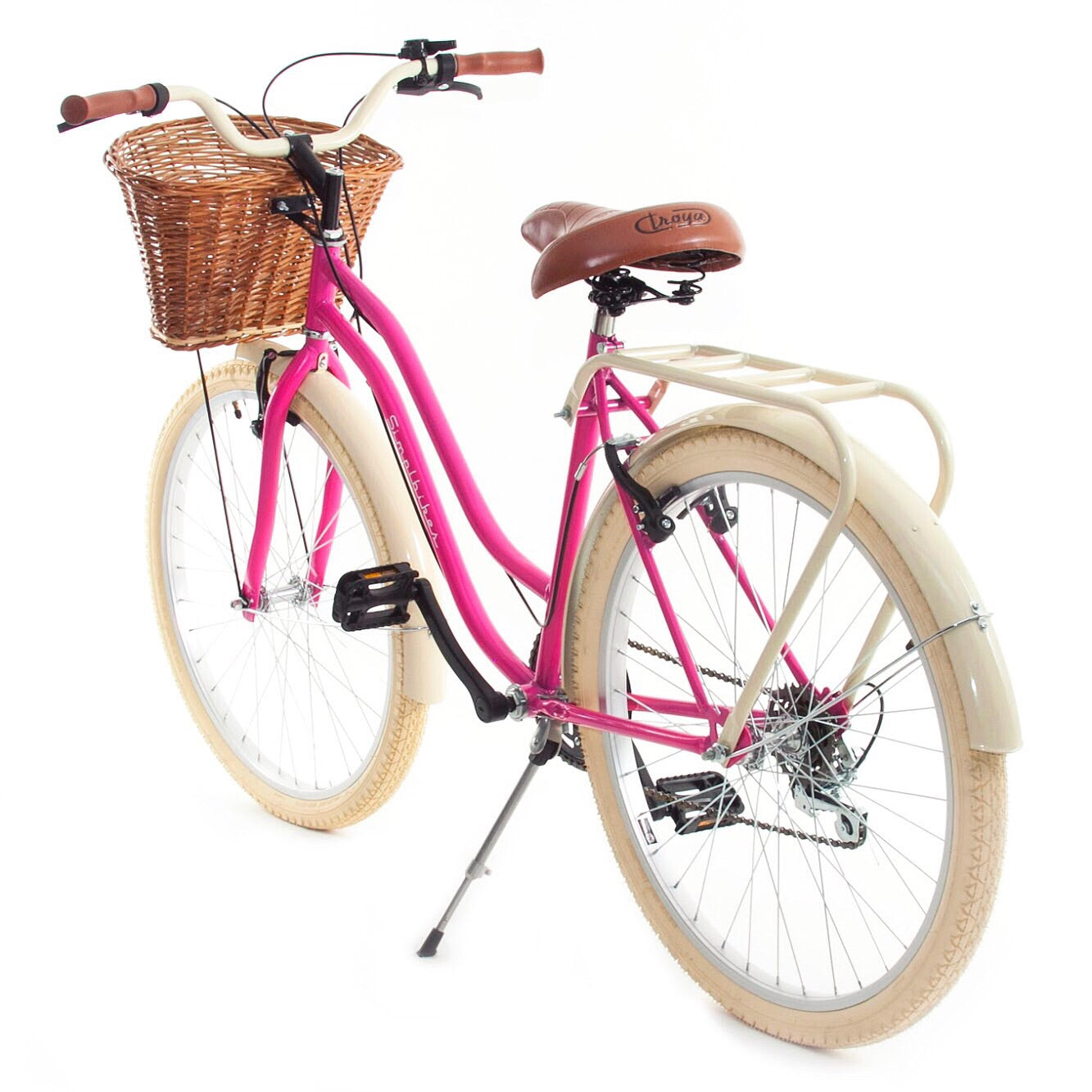 Bicicleta Vintage Dama Magenta y Almendra Canasta de Mimbre Llanta Crema.