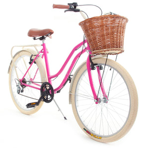 Bicicleta Vintage Dama Magenta y Almendra Canasta de Mimbre Llanta Crema.